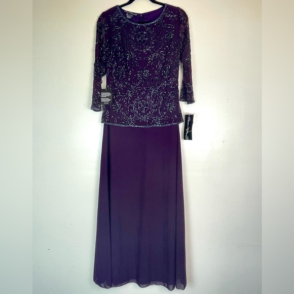 Pisarro Nights Beaded Purple Gown Mesh long sleeve. Size 8 - Picture 2 of 11